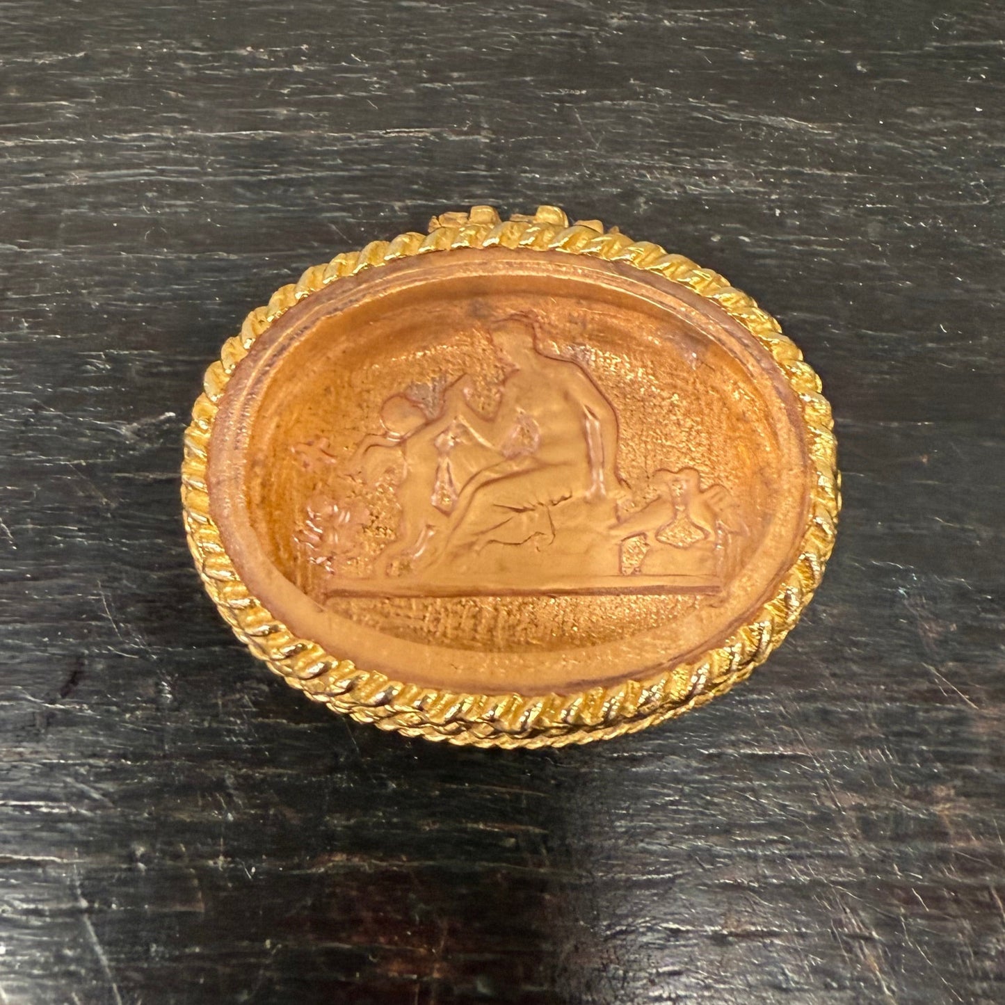 Vintage Italian Gilt Metal & Glass Intaglio Top Pill Box