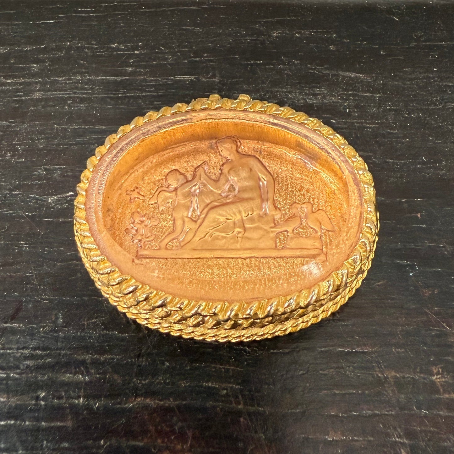 Vintage Italian Gilt Metal & Glass Intaglio Top Pill Box