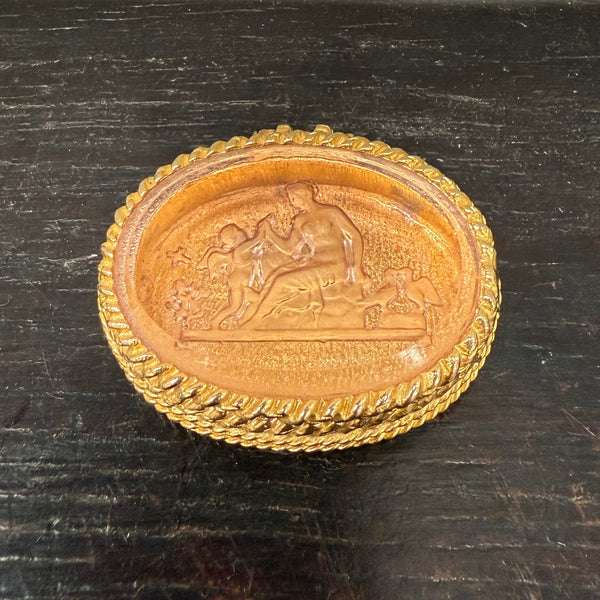 Vintage Italian Gilt Metal & Glass Intaglio Top Pill Box