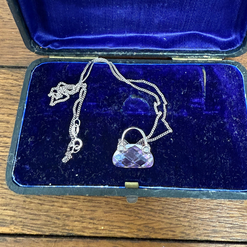 Vintage Italian Silver & Amethyst Handbag Pendant Necklace & Chain