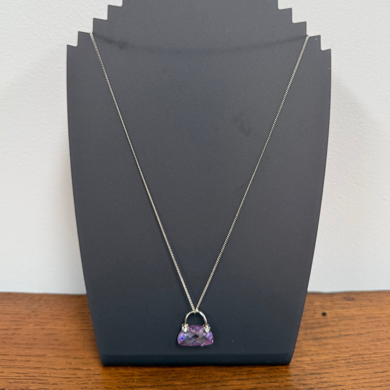 Vintage Italian Silver & Amethyst Handbag Pendant Necklace & Chain