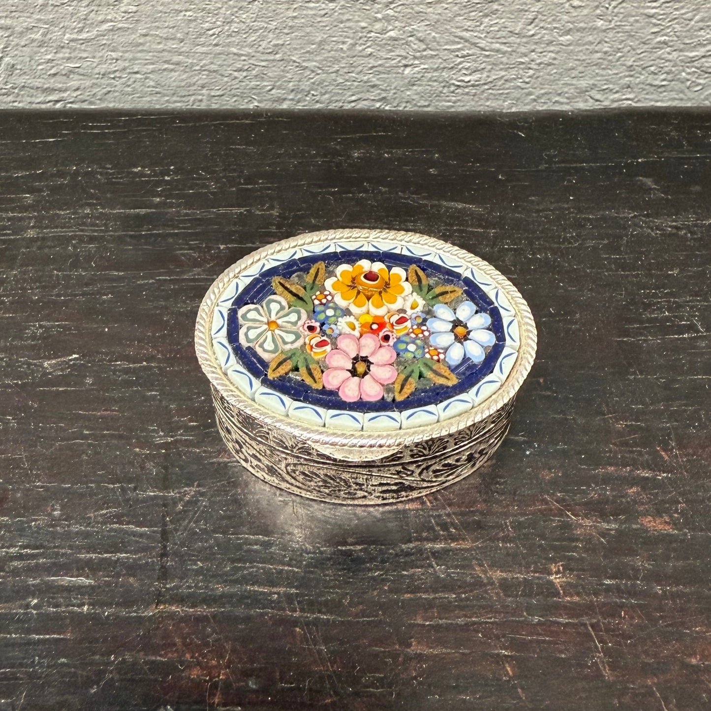 Vintage Italian Silver Metal & Fine Micro Mosaic Pill Box