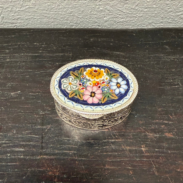 Vintage Italian Silver Metal & Fine Micro Mosaic Pill Box