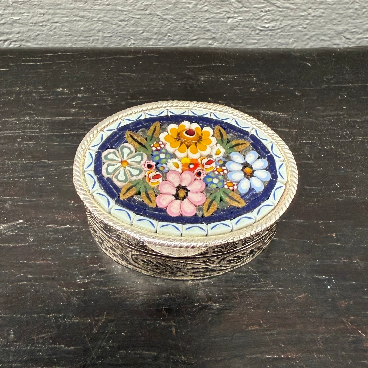 Vintage Italian Silver Metal & Fine Micro Mosaic Pill Box