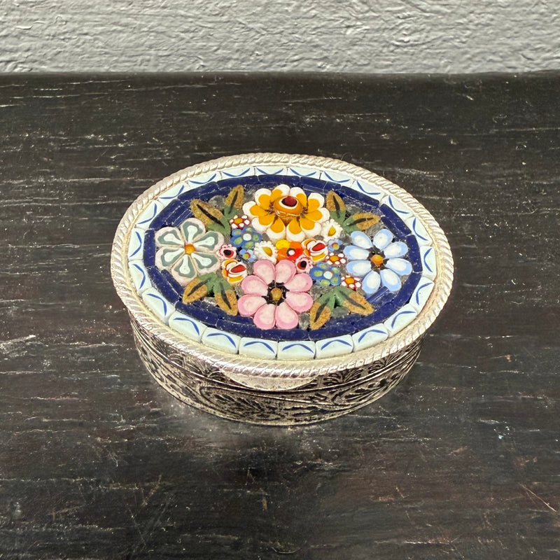 Vintage Italian Silver Metal & Fine Micro Mosaic Pill Box