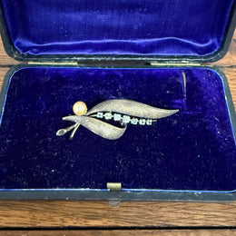 Vintage Silver 925 Rhinestone & Pearl Gold Tone Brooch