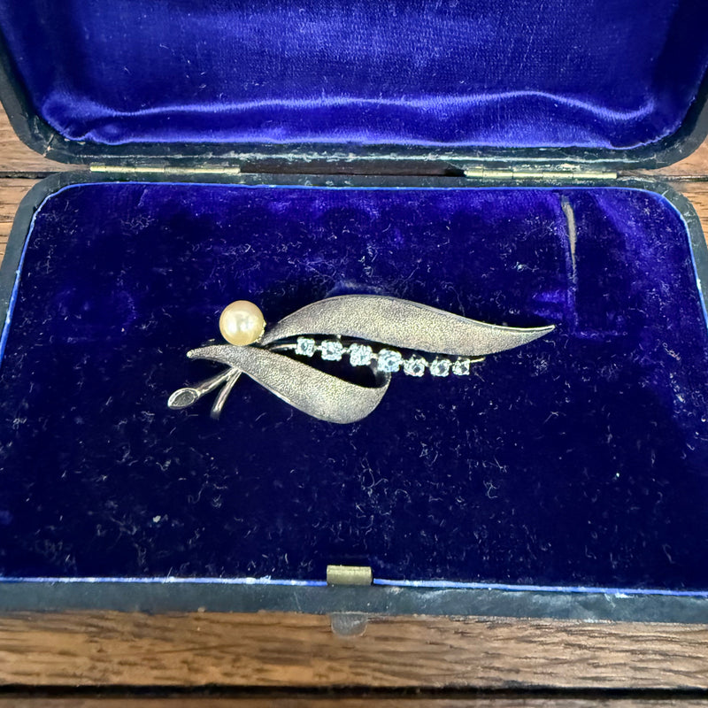 Vintage Silver 925 Rhinestone & Pearl Gold Tone Brooch