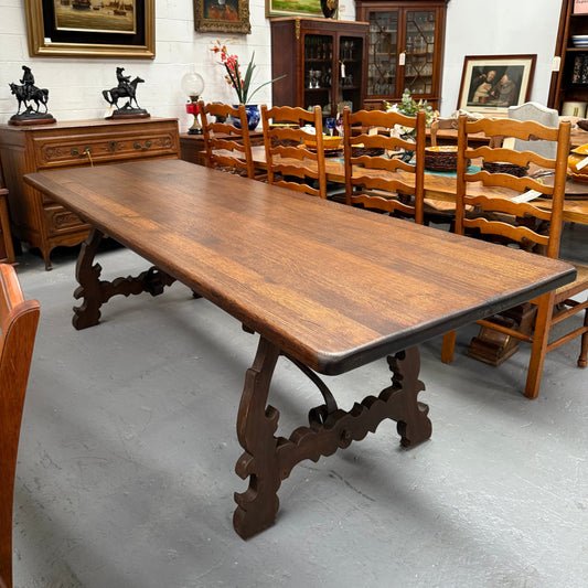 Vintage Spanish Style Oak Dining Table With Wrought Iron Base