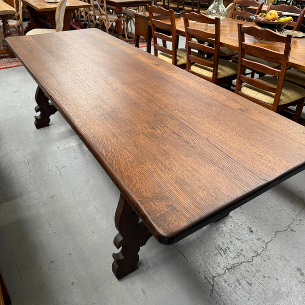 Vintage Spanish Style Oak Dining Table With Wrought Iron Base