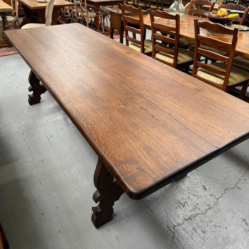 Vintage Spanish Style Oak Dining Table With Wrought Iron Base