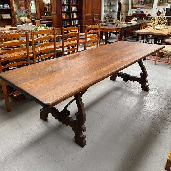 Vintage Spanish Style Oak Dining Table With Wrought Iron Base