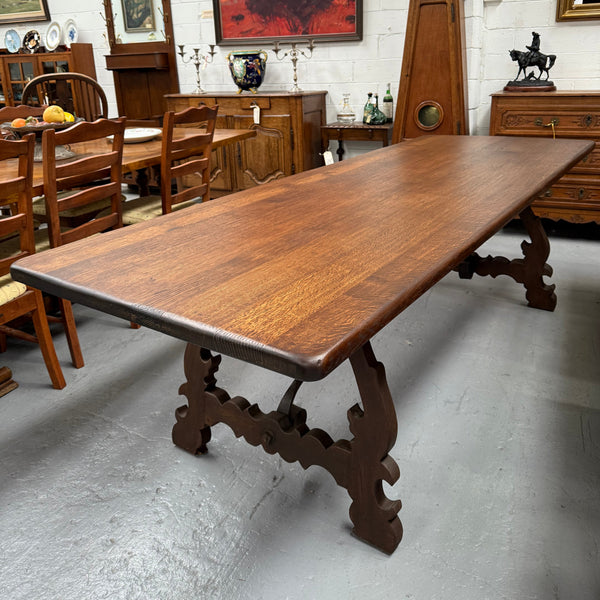 Vintage Spanish Style Oak Dining Table With Wrought Iron Base