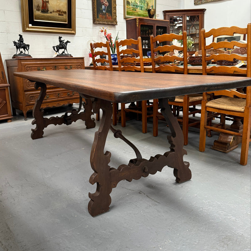 Vintage Spanish Style Oak Dining Table With Wrought Iron Base
