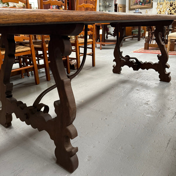 Vintage Spanish Style Oak Dining Table With Wrought Iron Base