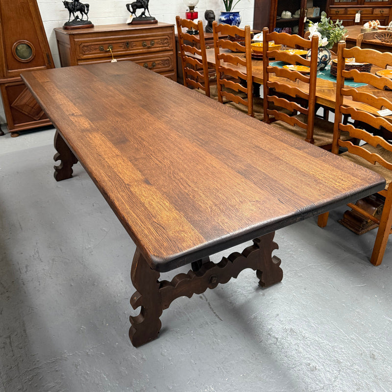 Vintage Spanish Style Oak Dining Table With Wrought Iron Base