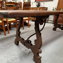 Vintage Spanish Style Oak Dining Table With Wrought Iron Base