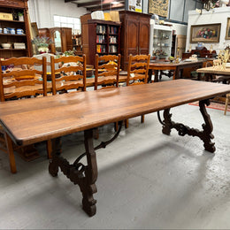 Vintage Spanish Style Oak Dining Table With Wrought Iron Base