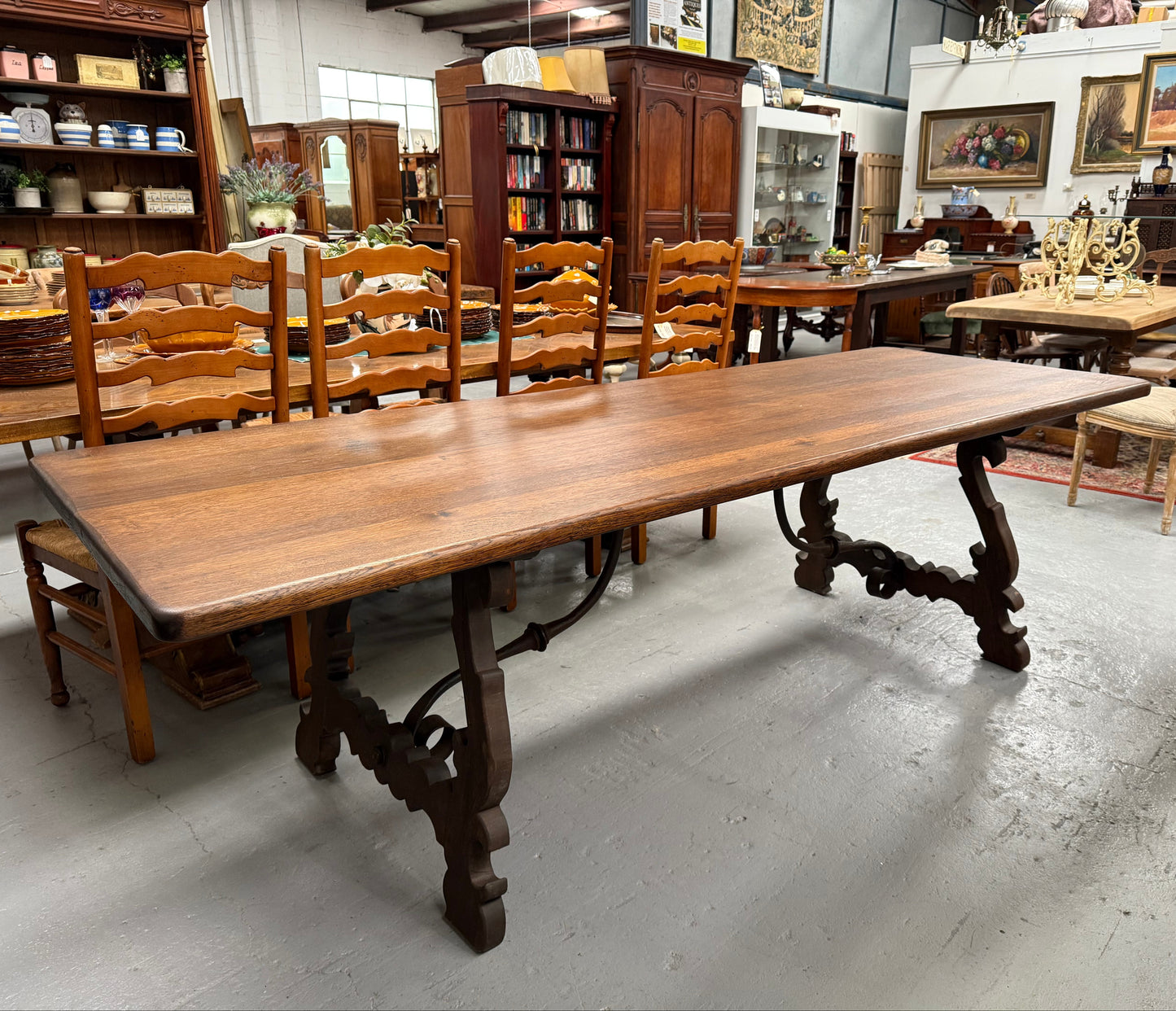 Vintage Spanish Style Oak Dining Table With Wrought Iron Base