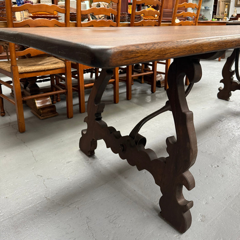 Vintage Spanish Style Oak Dining Table With Wrought Iron Base