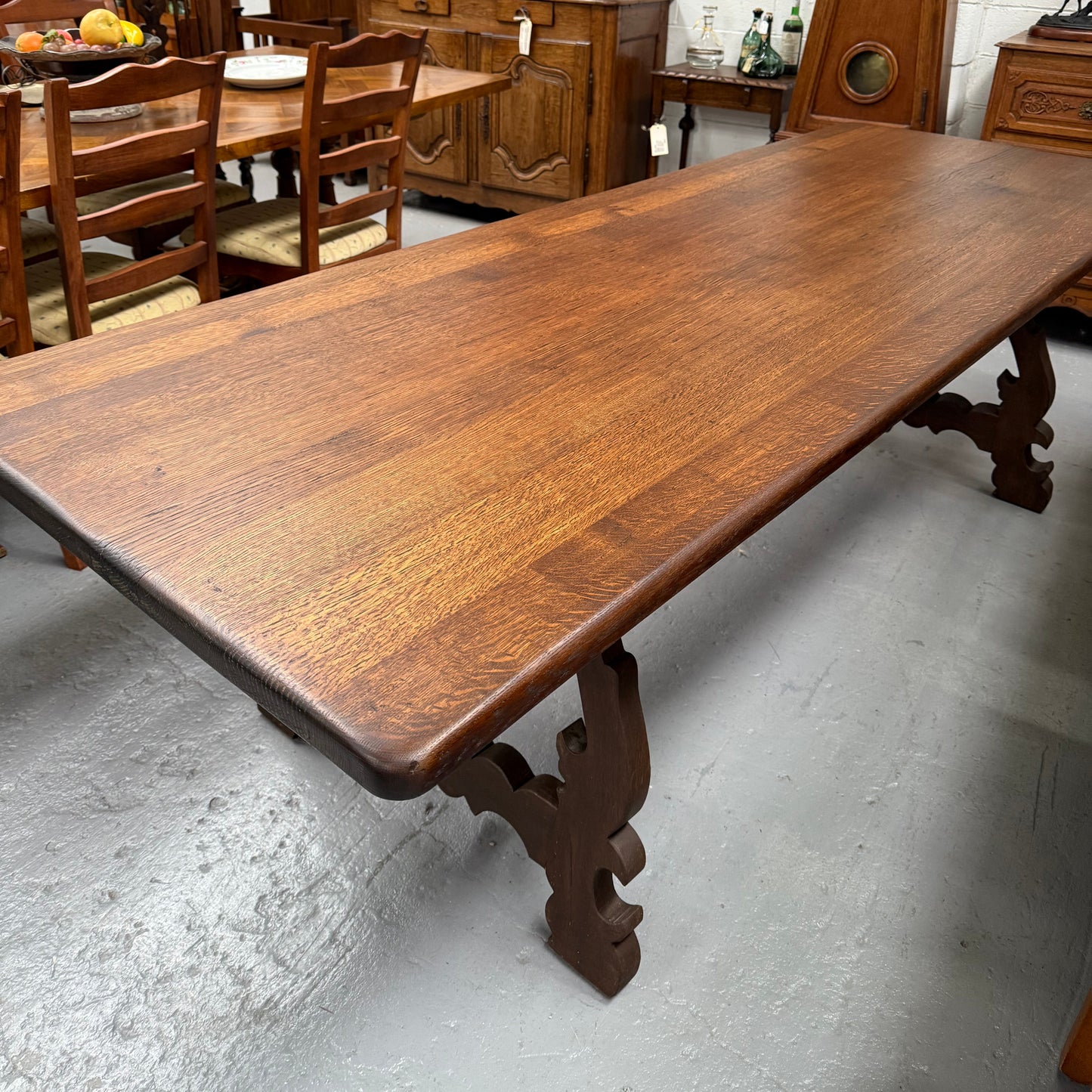 Vintage Spanish Style Oak Dining Table With Wrought Iron Base