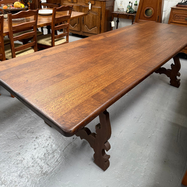 Vintage Spanish Style Oak Dining Table With Wrought Iron Base
