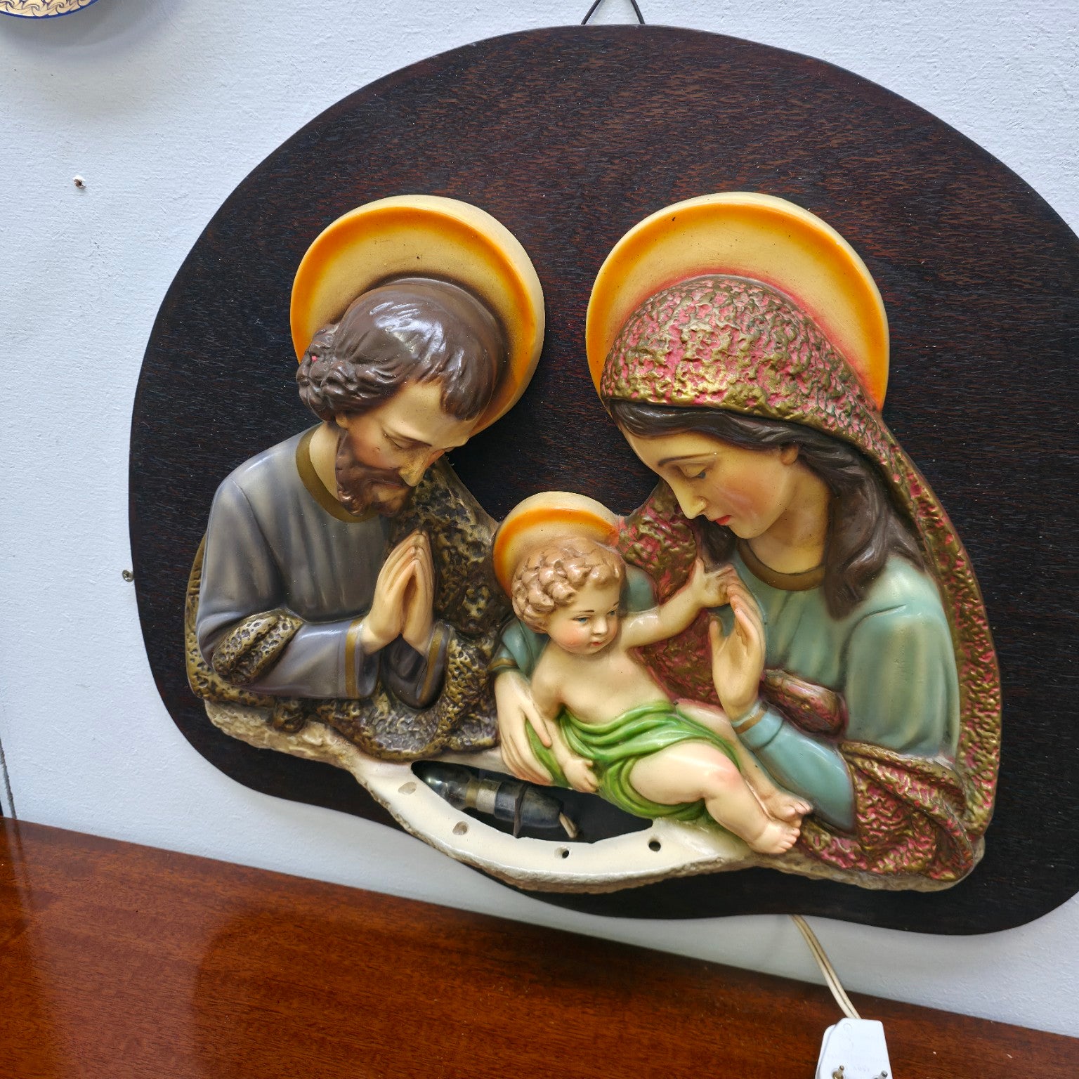 Vintage Illuminated Holy Family Wall Plaque – Mid-20th Century