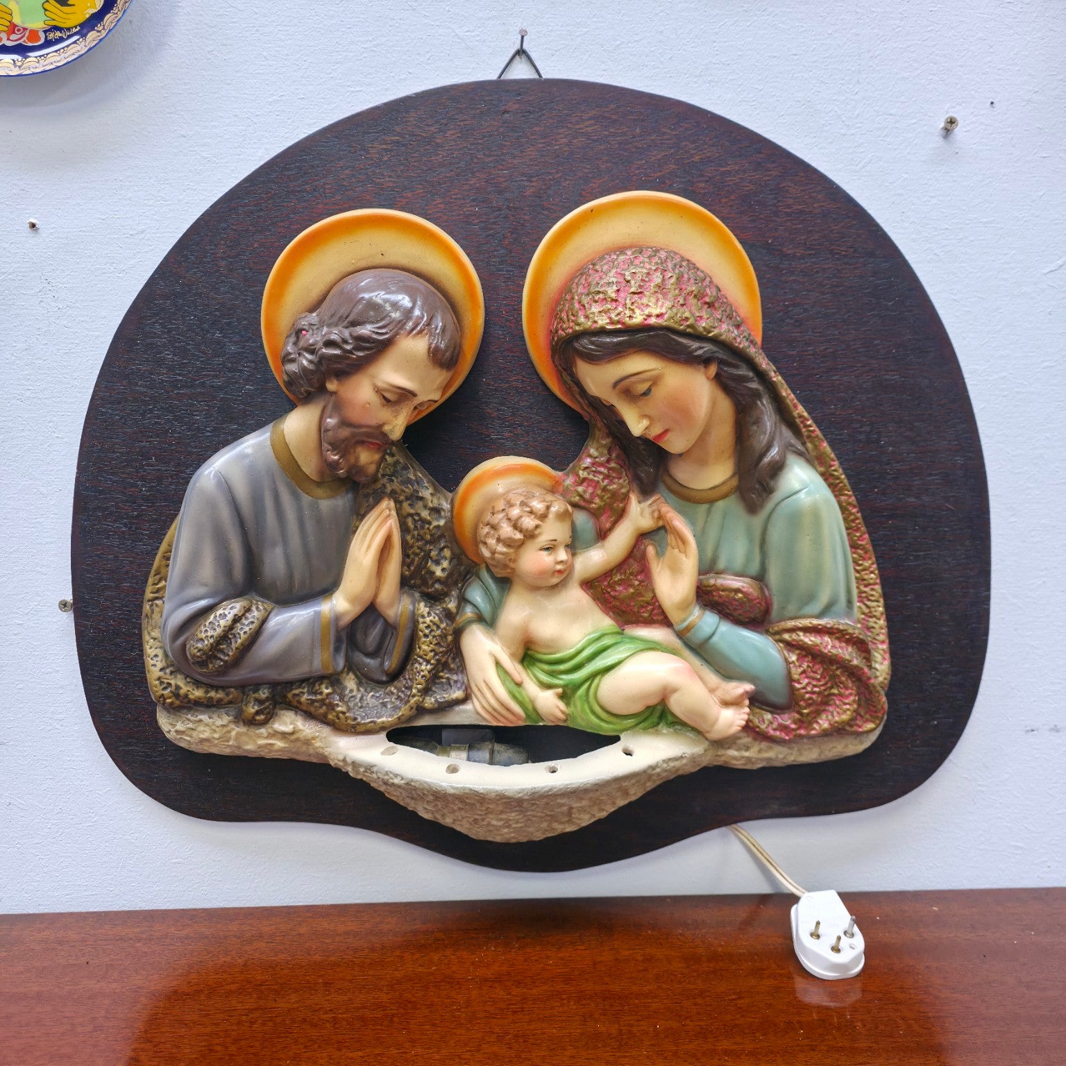 Vintage Illuminated Holy Family Wall Plaque – Mid-20th Century