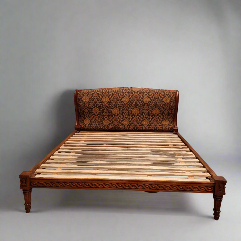 Vintage Empire style hard to find king Size bed with impressive tapestry upholstery. It comes with custom made bed slats ready to simple place your standard king size mattress on top. It is in good original detailed condition. The tapestry upholstery is in good condition and is upholstered on the back as well.