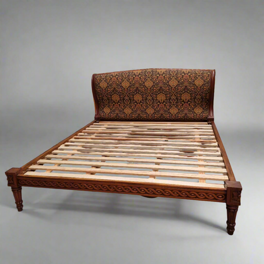 Vintage Empire style hard to find king Size bed with impressive tapestry upholstery. It comes with custom made bed slats ready to simple place your standard king size mattress on top. It is in good original detailed condition. The tapestry upholstery is in good condition and is upholstered on the back as well.