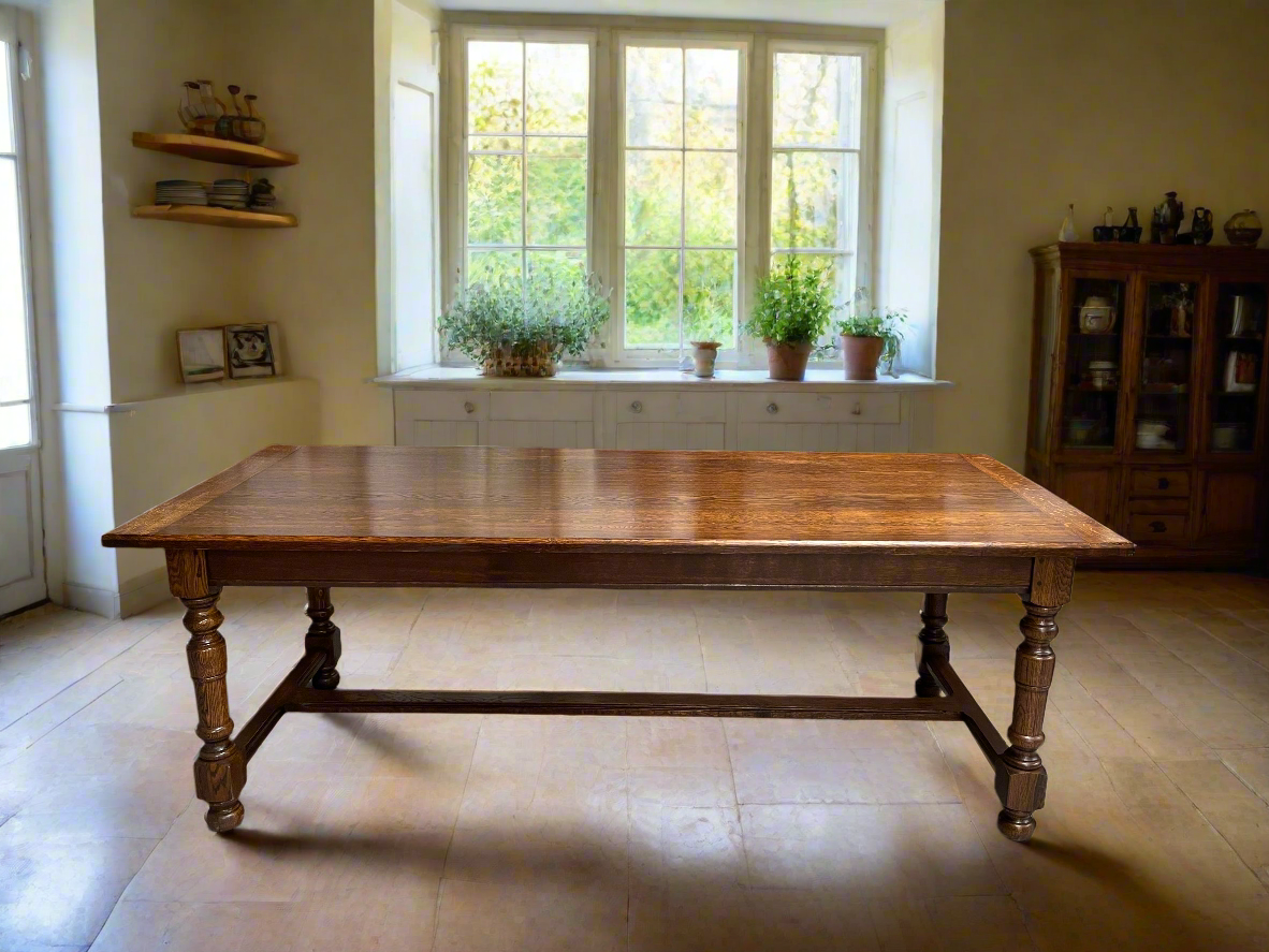 French Oak Stretcher Base Farmhouse Dining Table | Antique & Vintage | Moonee Ponds Antiques | Australia Wide Delivery