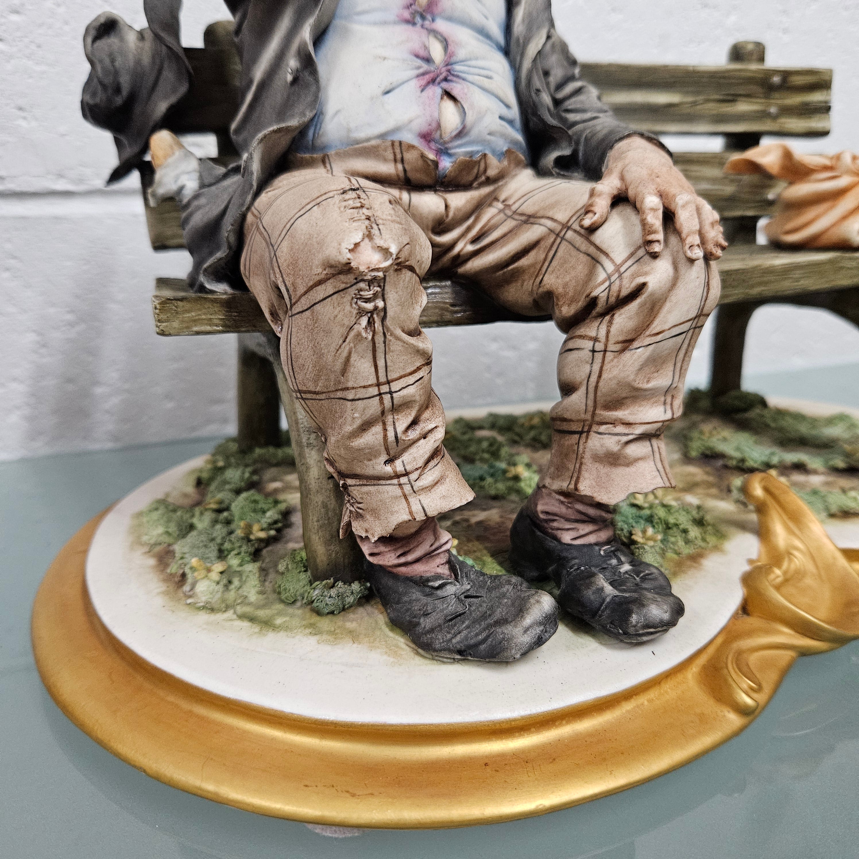 Vintage Capodimonte Tramp Sitting on Park Bench | Antique & Vintage | Moonee Ponds Antiques | Australia Wide Delivery