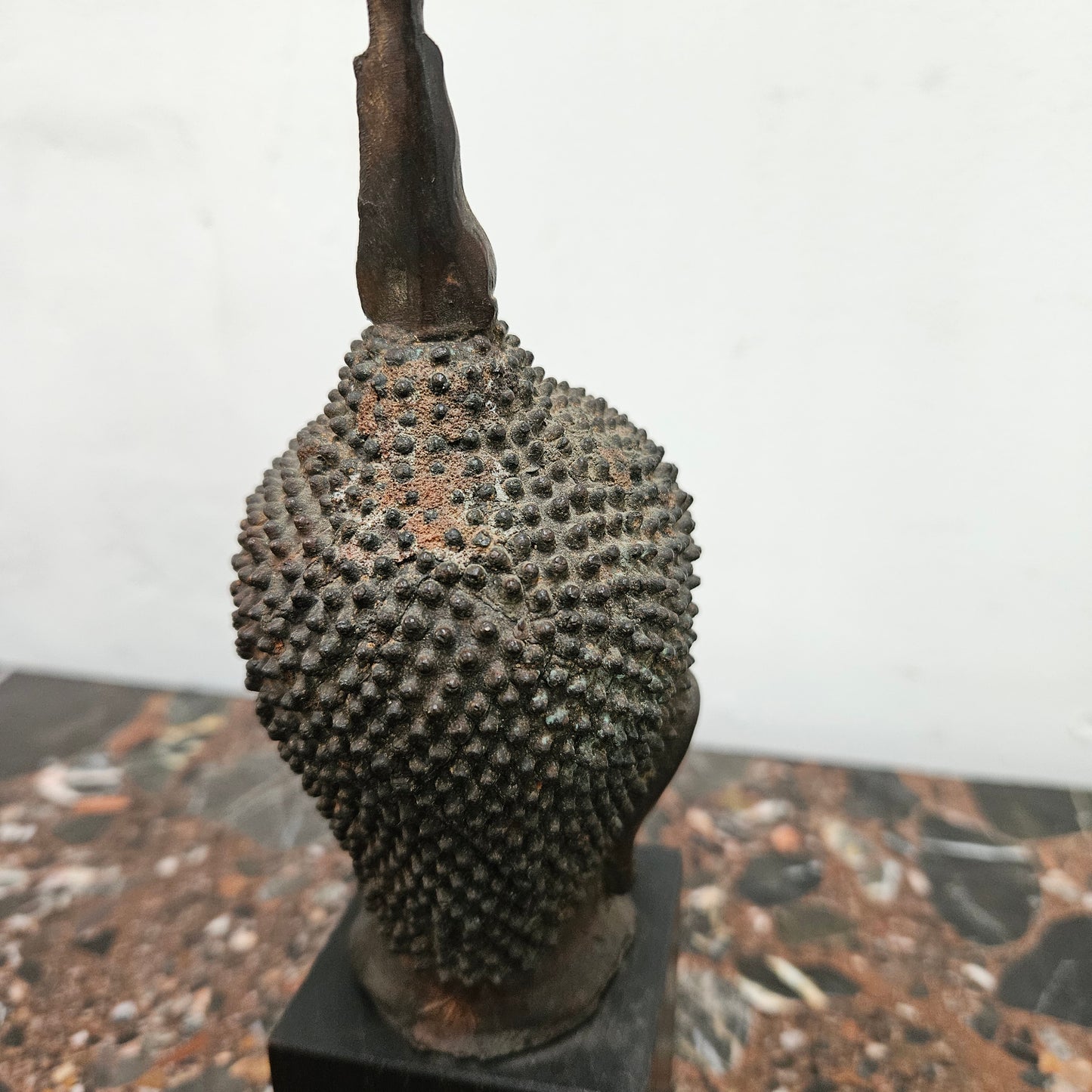 Antique Bronze Buddha Head On Plinth