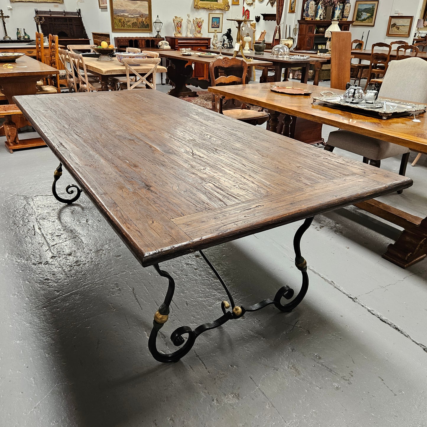 Vintage Elm Wood Spanish Style Refectory Table Wrought Iron Base