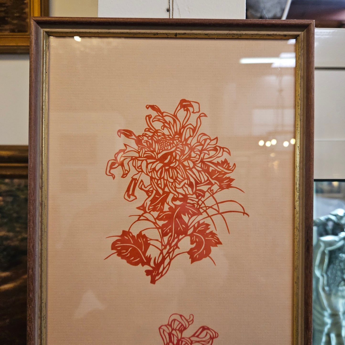 Oriental Finely Cut Paper Chrysanthemums Framed Decoration