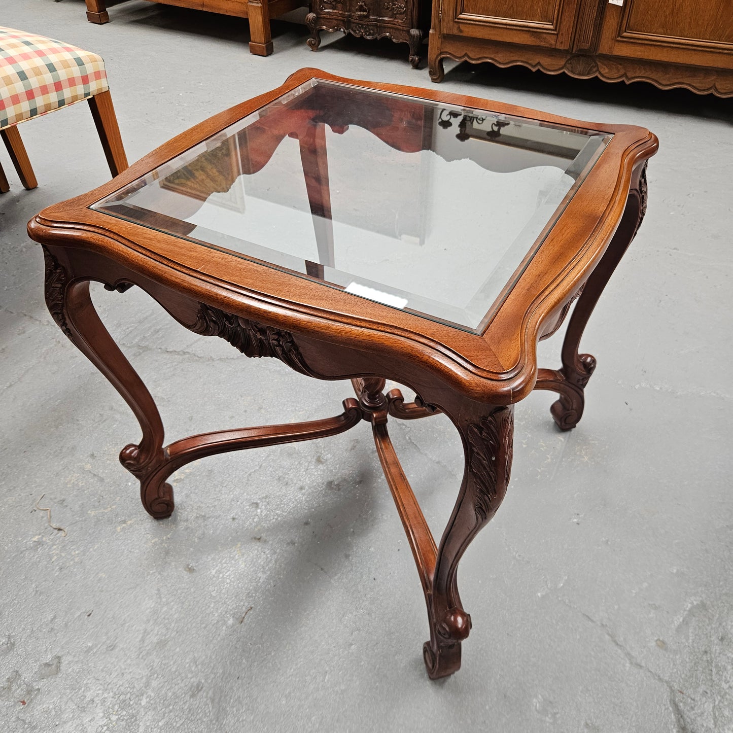 Vintage Mahogany Glass Top Coffee / Side Table Rococo Style