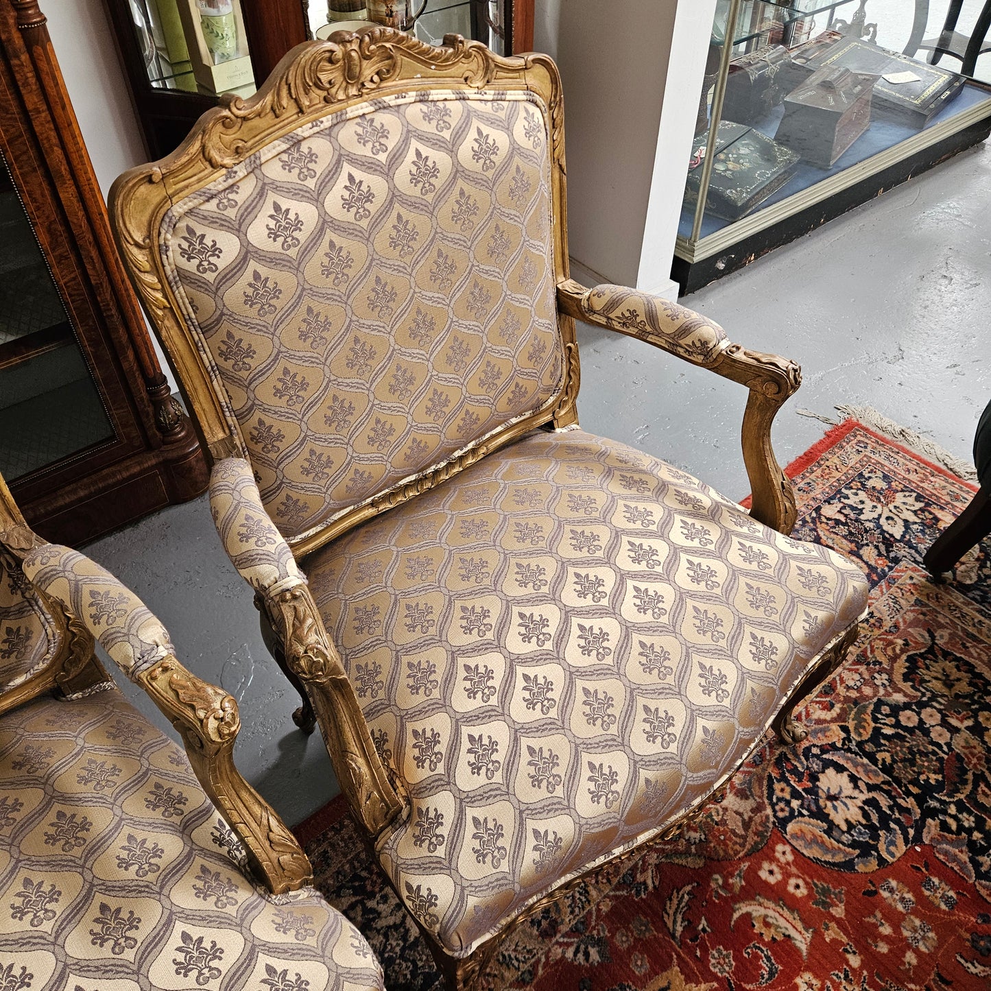 Antique Pair Reupholstered Louis XVth Style Giltwood Armchairs