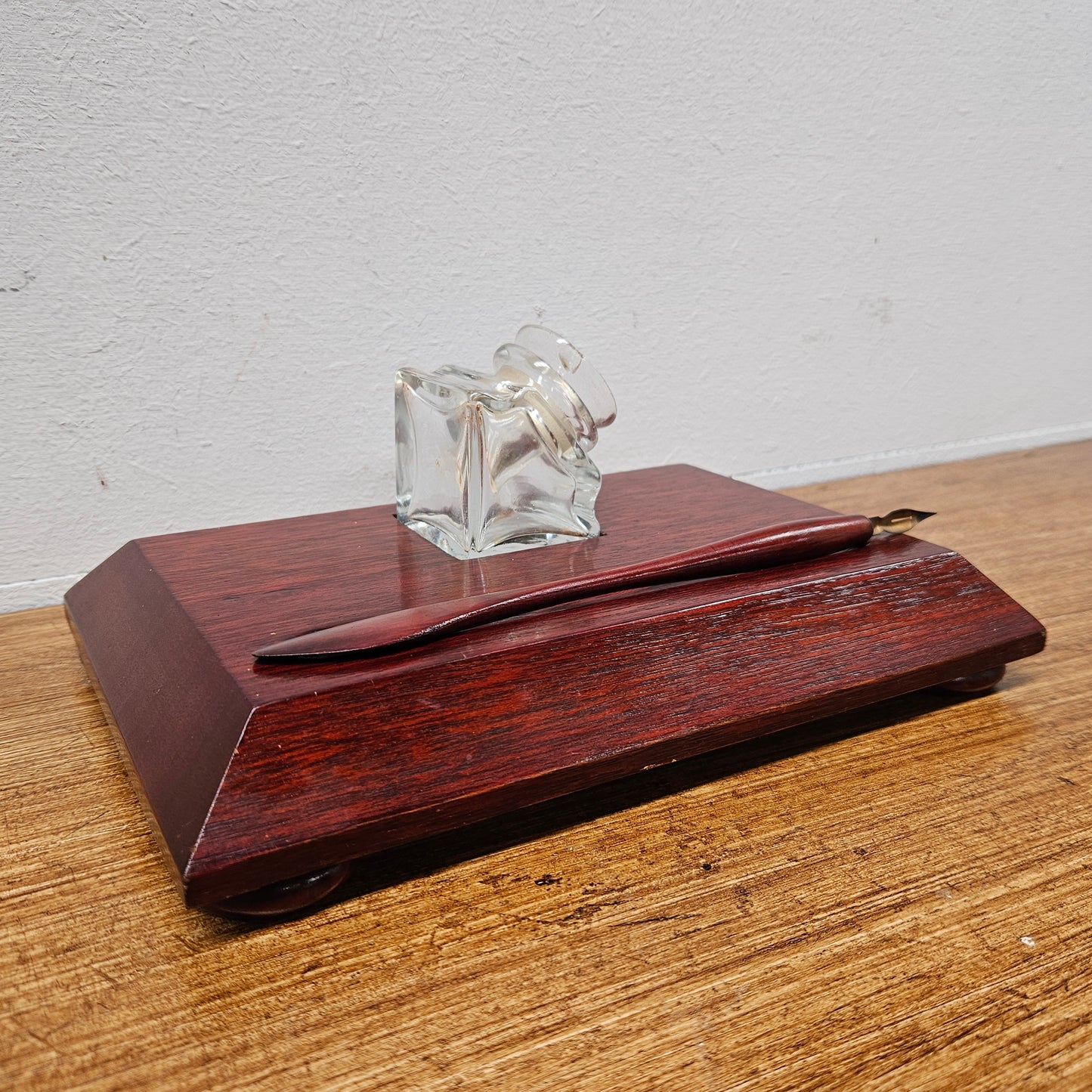 Antique Mahogany Ink Stand With Pen