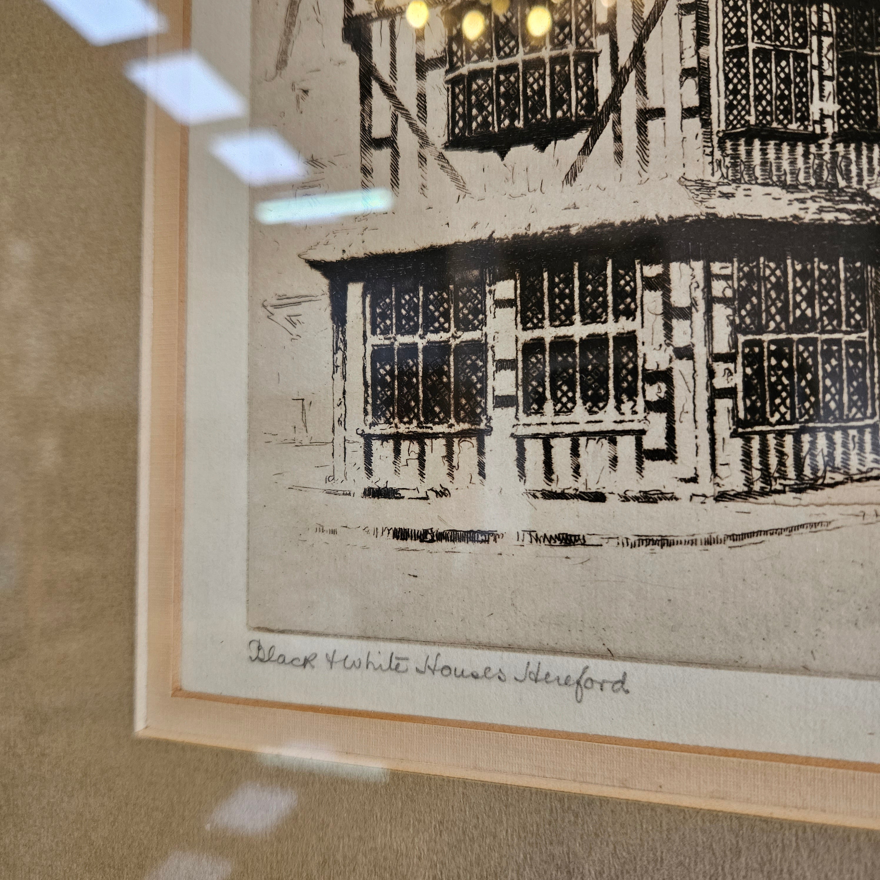 Framed Etching "Black and White Houses Hereford" by E Mayberry | Antique & Vintage | Moonee Ponds Antiques | Australia Wide Delivery