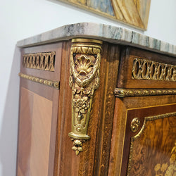 French Walnut Louis XV Style Marble Top Marquetry Inlaid Side Cabinet | Antique & Vintage | Moonee Ponds Antiques | Australia Wide Delivery