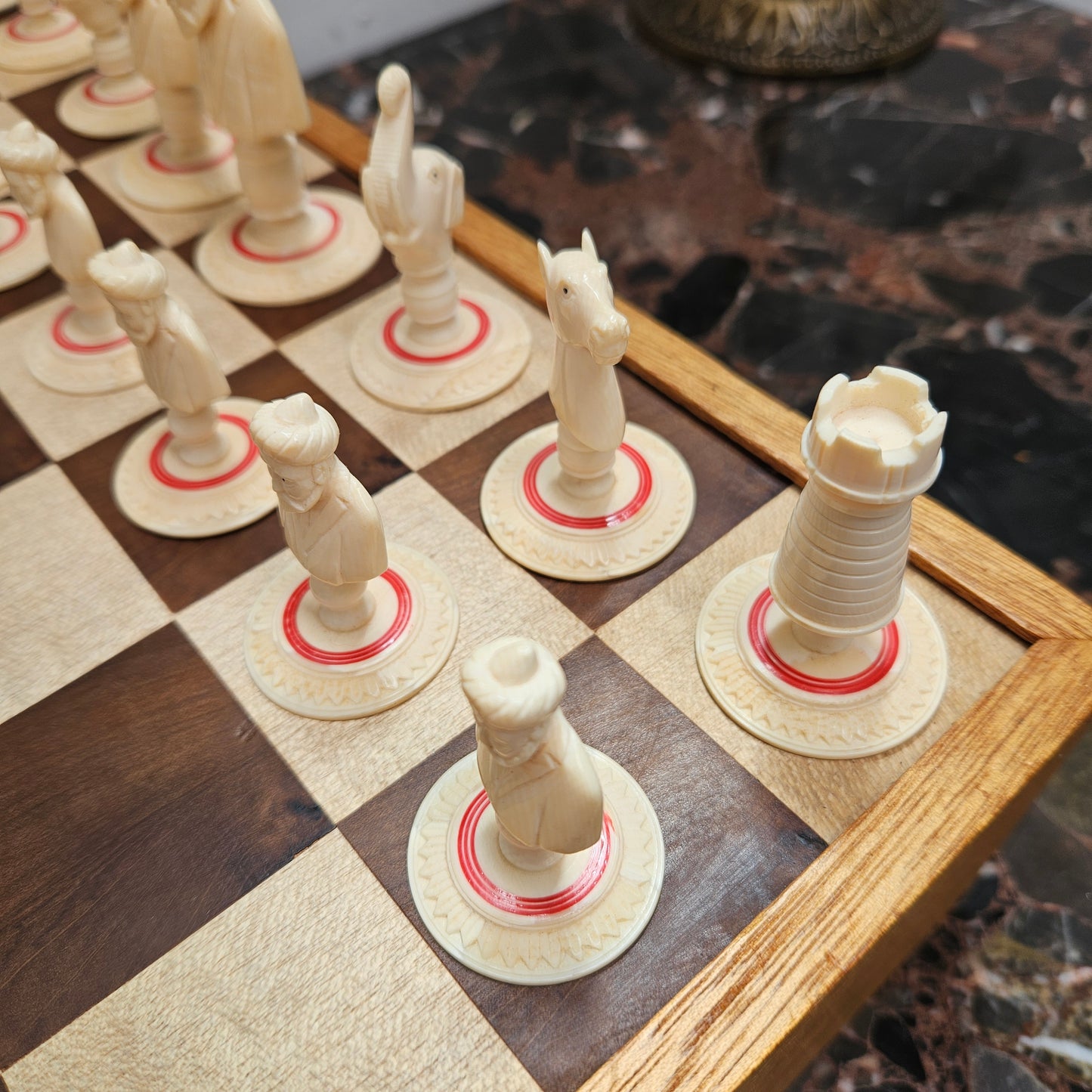 Antique Carved & Stained Ivory Chess Set