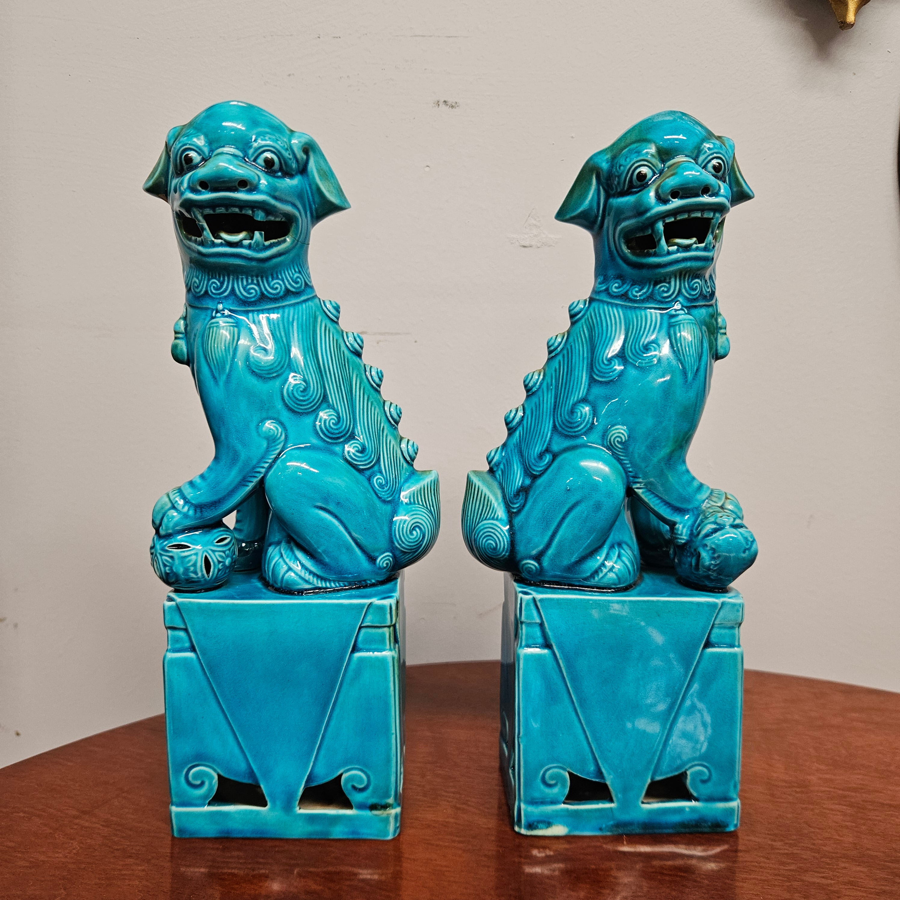 Pair of Vintage Chinese Turquoise Glazed Guardian Foo Dogs