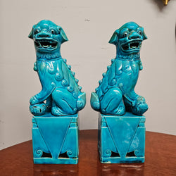 Pair of Vintage Chinese Turquoise Glazed Guardian Foo Dogs