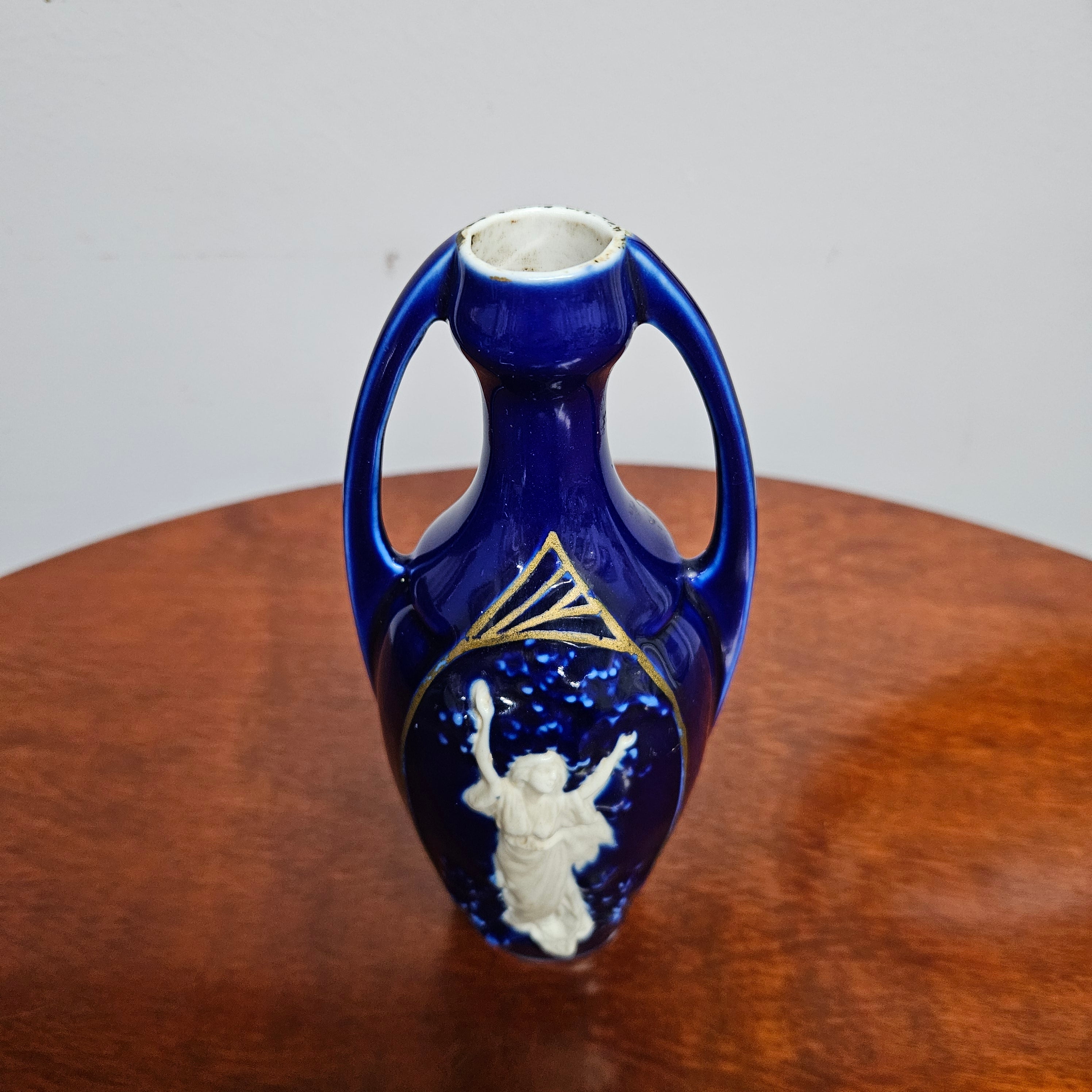 Art Deco Style Cameo Figure Cobalt Blue Vase