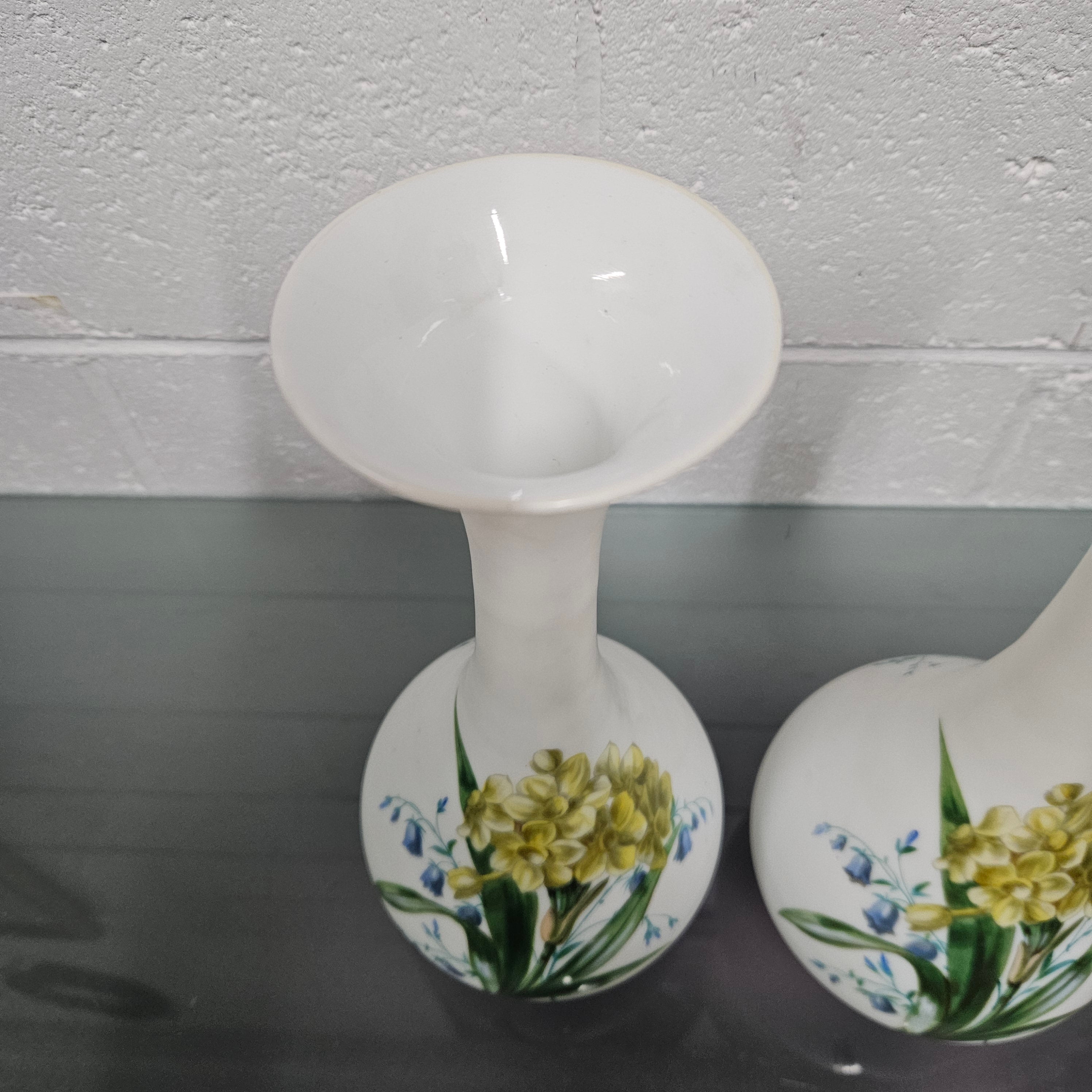 Pair Of Hand Painted Antique Milk Glass Vases Featuring Daffodils | Antique & Vintage | Moonee Ponds Antiques | Australia Wide Delivery