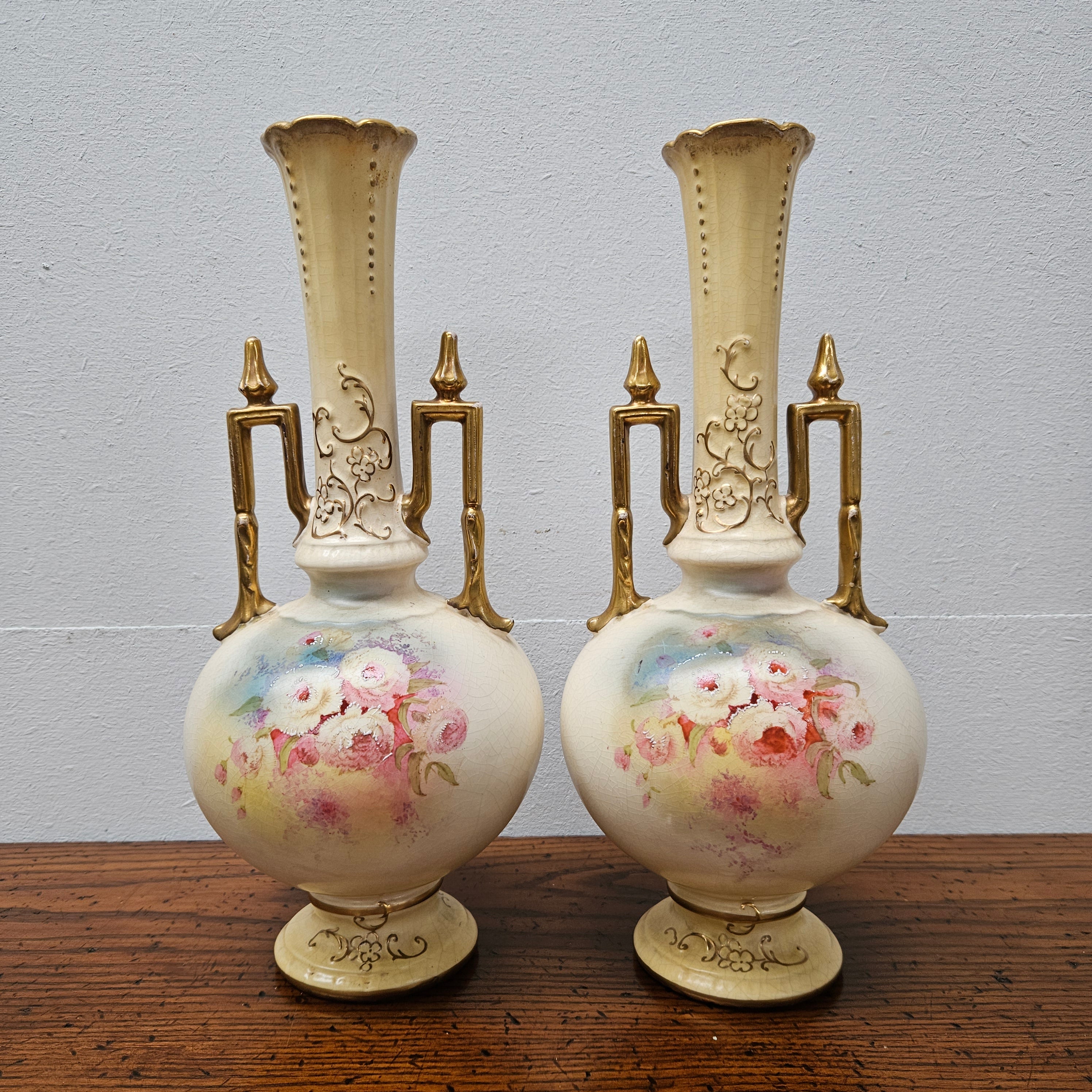 Pair of Edwardian Hand Painted Vases