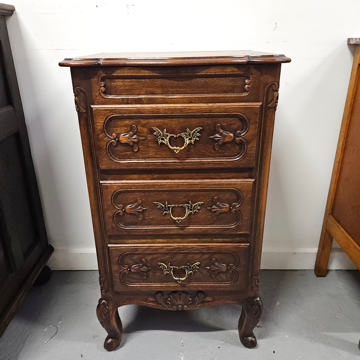 Louis XV Style Oak Three Drawer Side Cabinet