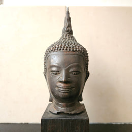 Antique Bronze Buddha Head On Plinth