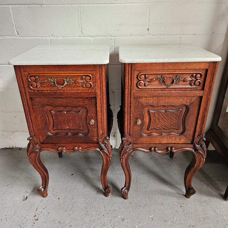Pair of Louis XV Style White Marble Top Bedside Cabinets