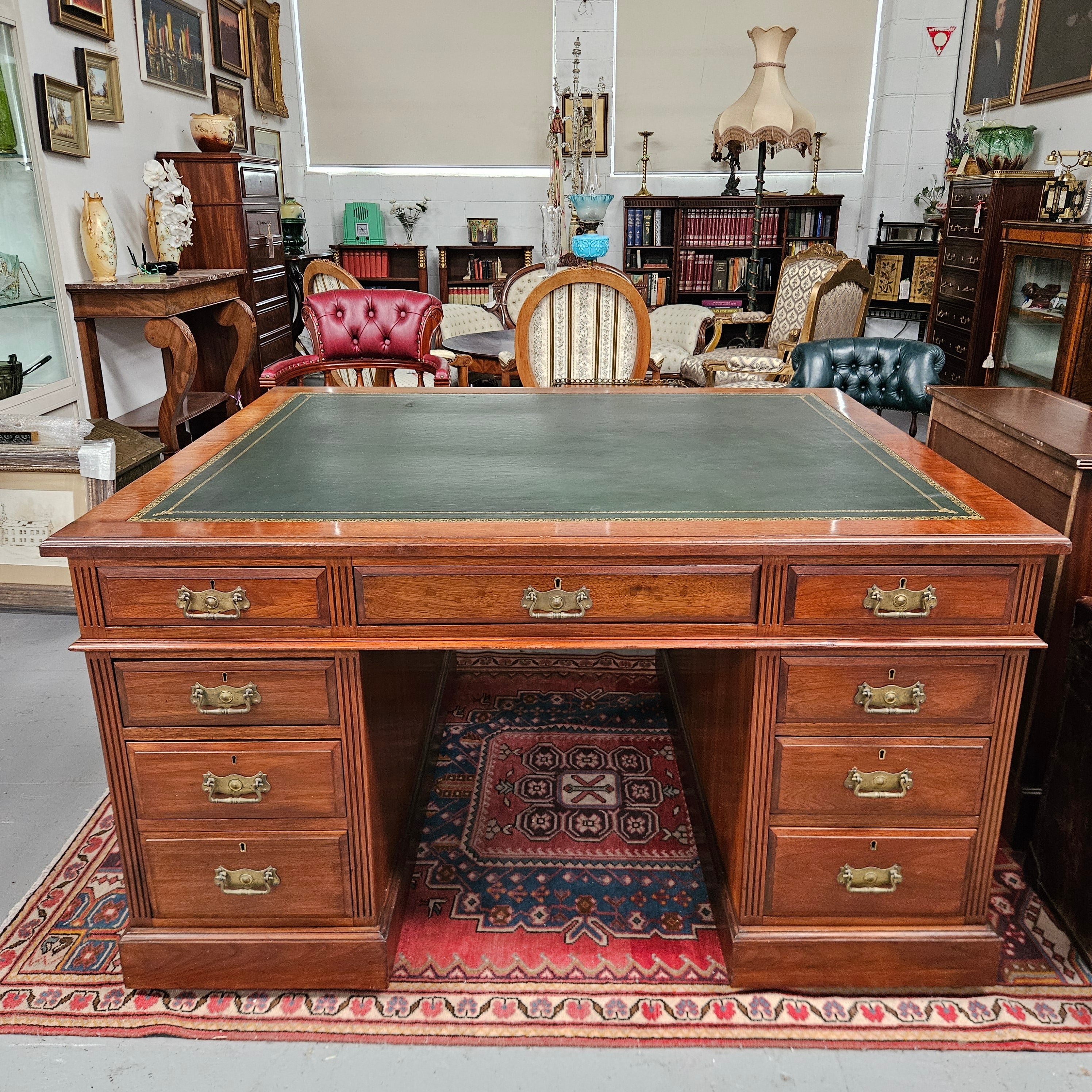 Edwardian Walnut Full Partners Desk With Leather Top | Antique & Vintage | Moonee Ponds Antiques | Australia Wide Delivery