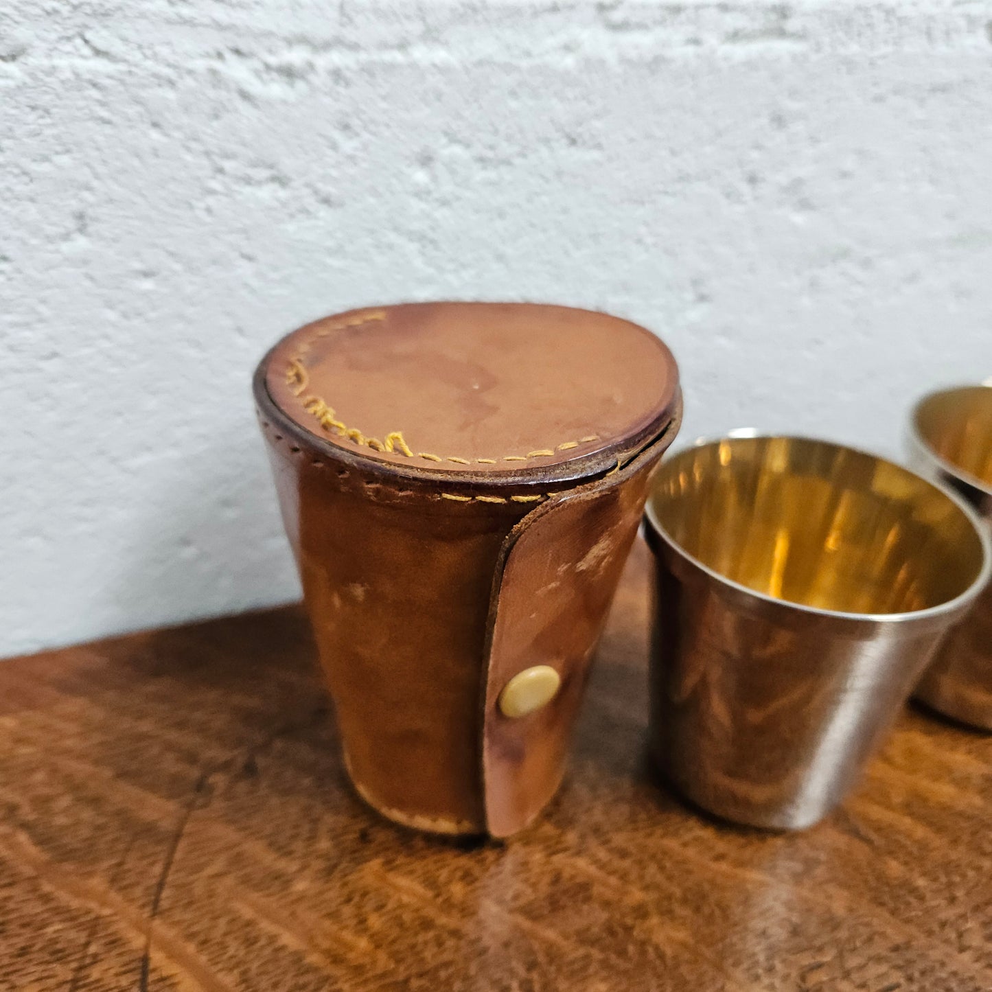 Antique Set Of Stirrup Cups In Leather Case